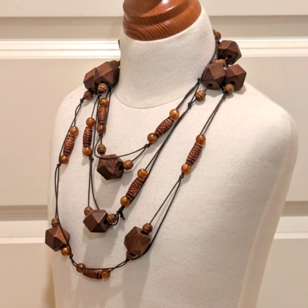 Vintage Boho 68" Super Long Brown and Black Wooden Bead Rope Necklace - Picture 2 of 9